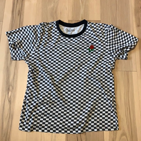 Checkerboard With Embroidered Rose T Shirt Men’s M - Picture 1 of 3